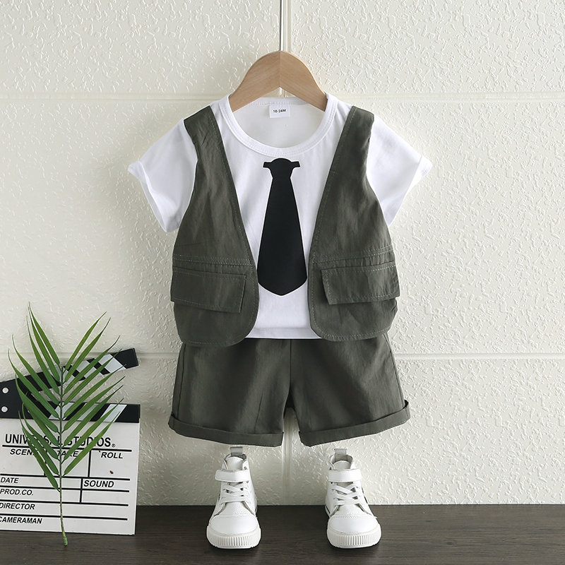 

2pcs Toddler Boy Gentleman Suit, Faux-two Top and Elasticized Shorts Set