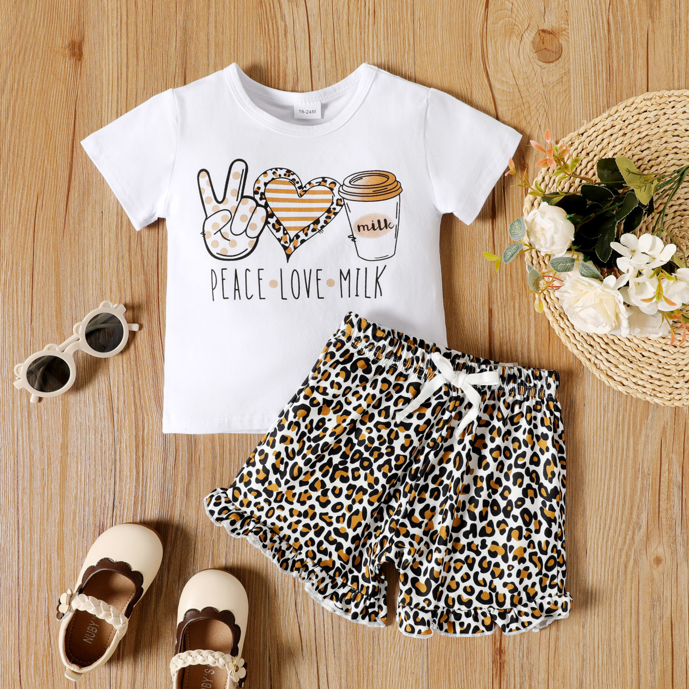 

2pcs Toddler Girl Letter Leopard Print Short-sleeve White Tee and Ruffled Leopard Print Shorts Set