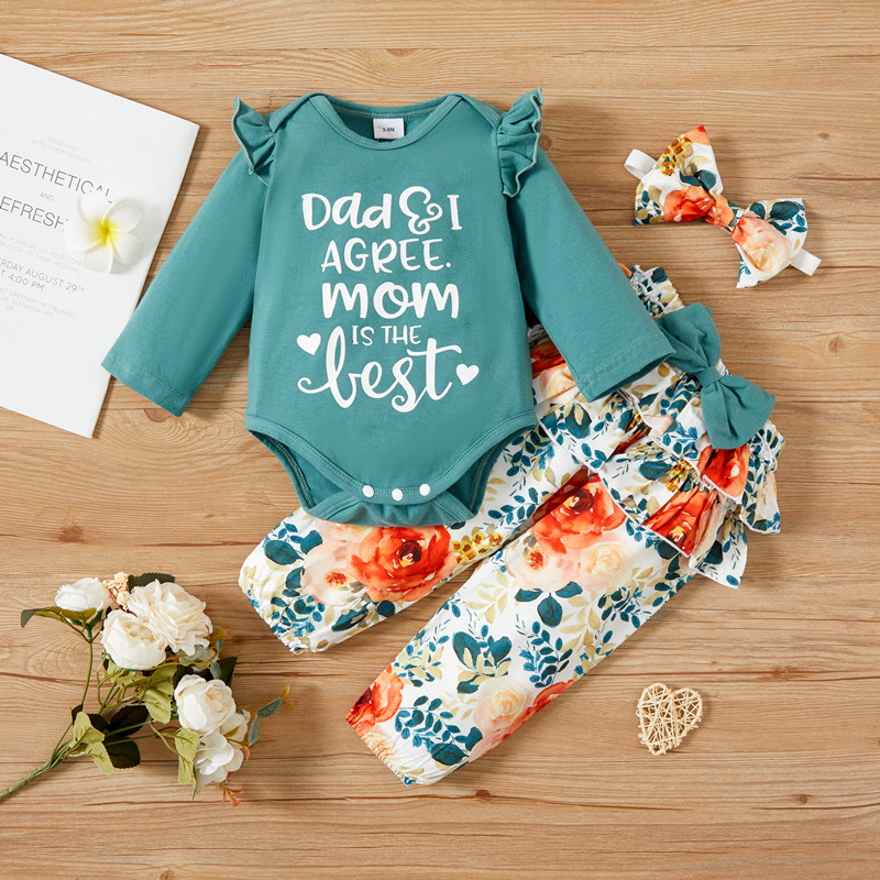 

100% Cotton Baby 3pcs Letter Long-sleeve Romper and Floral Print Skirted Trouser Set