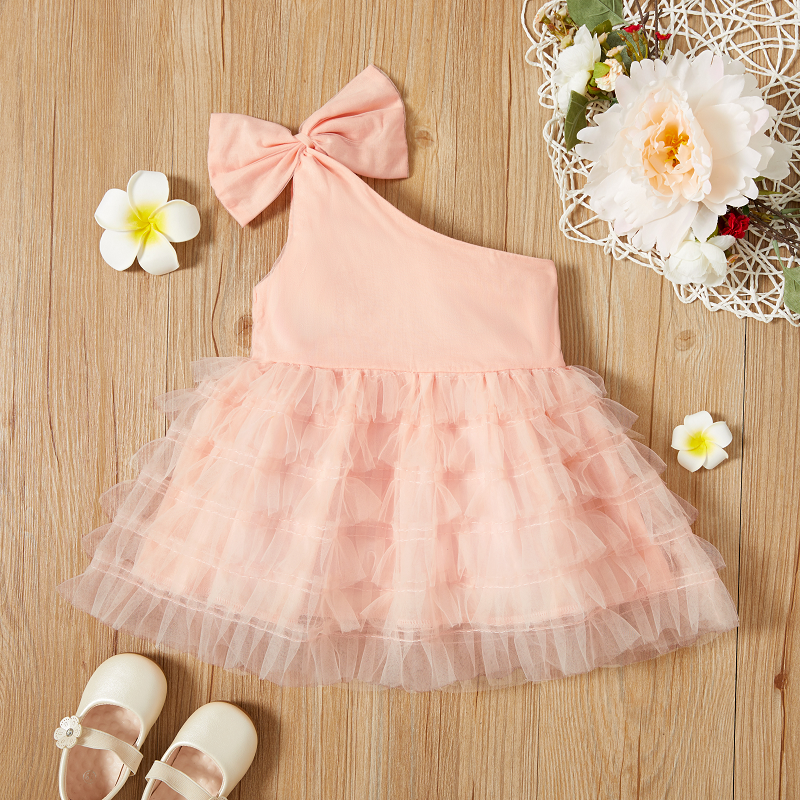 

Solid Pink One Shoulder Sleeveless Baby Princess Tulle Mesh Tutu Dress