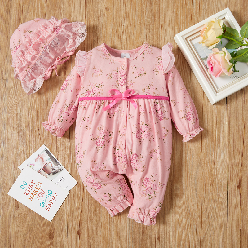 

100% Cotton 2pcs Pink Floral Ruffle Long-sleeve Baby Romper and Lace Hat Set
