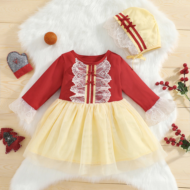 

2pcs Baby Lace Mesh Splicing Color Block Long-sleeve Princess Dress Set