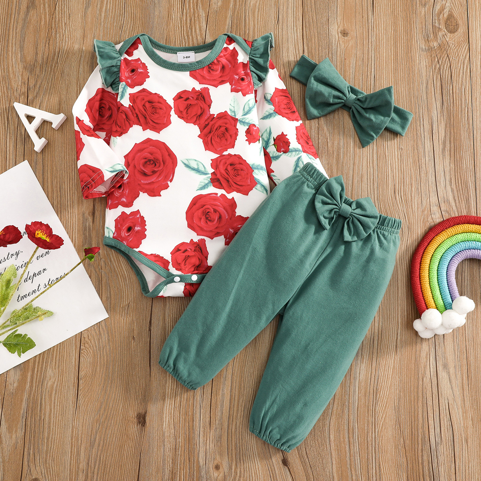 

100% Cotton 3pcs Baby Girl All Over Red Rose Floral Print Long-sleeve Romper and Solid Bowknot Trousers Set