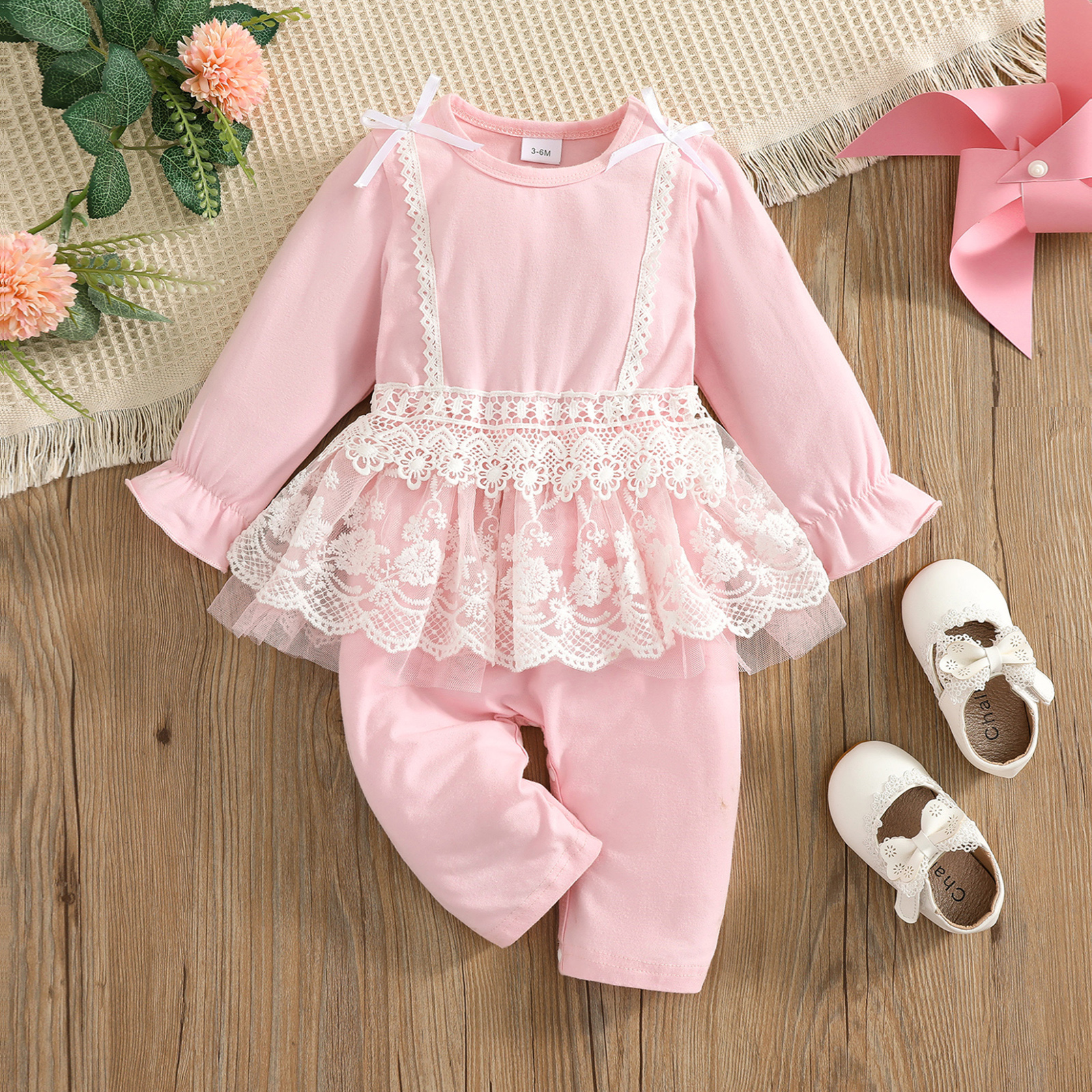

100% Cotton Baby Girl Lace Splicing Pink Long-sleeve Party Jumpsuit