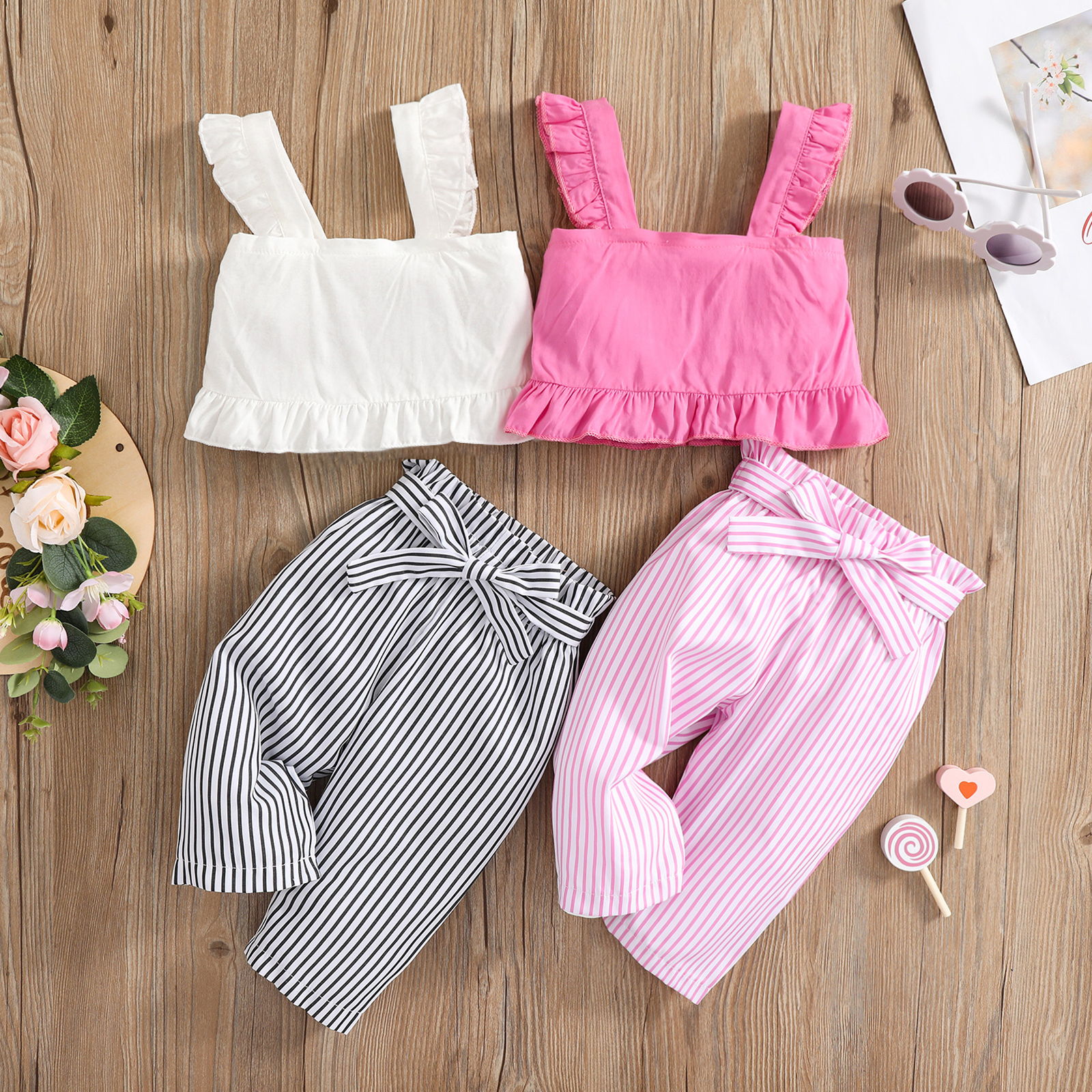 

100% Cotton 2pcs Baby Girl Solid Sleeveless Ruffle Top and Striped Pants Set