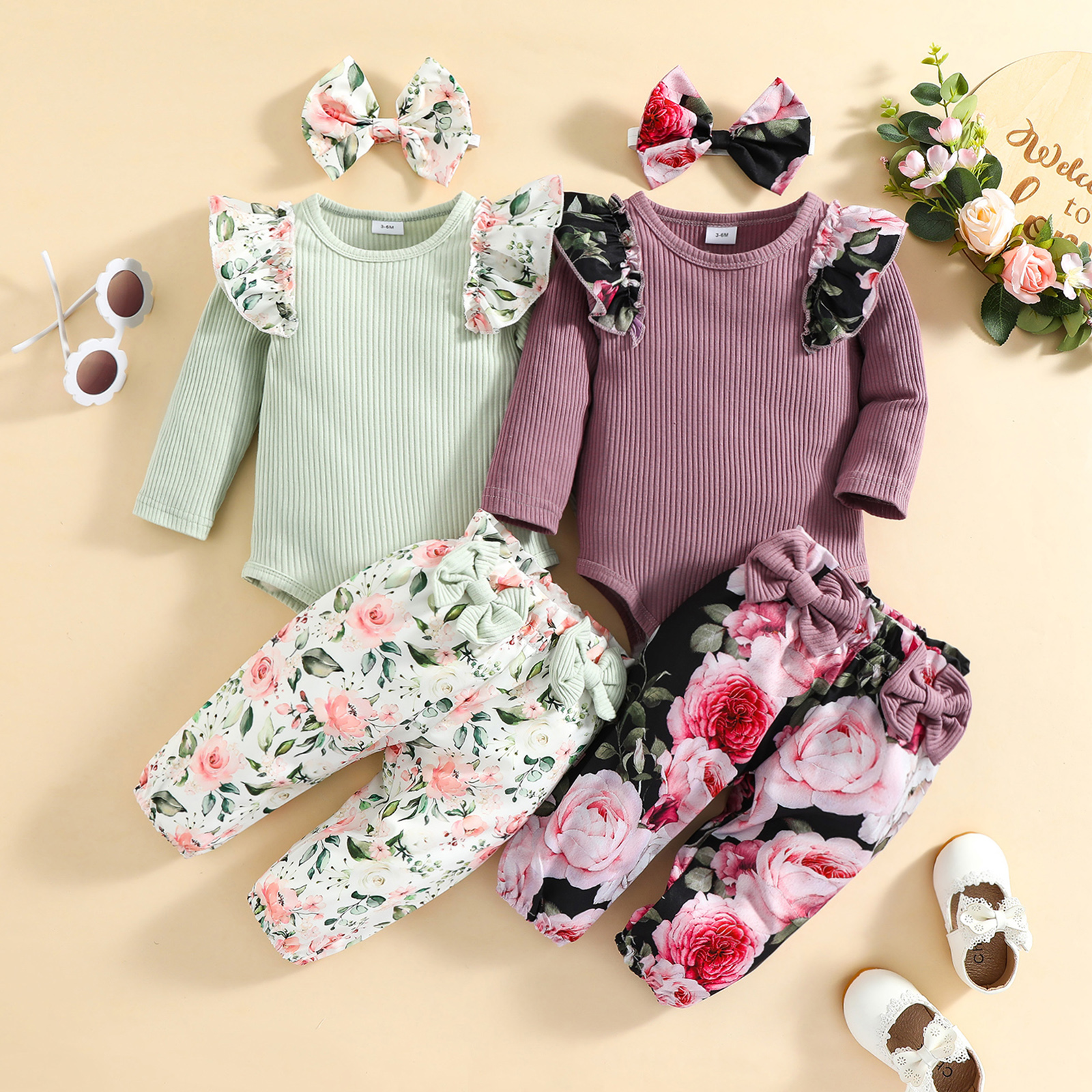 

100% Cotton 3pcs Baby Girl Ribbed Long-sleeve Ruffle Romper and Bowknot Floral Print Trousers with Headband Set