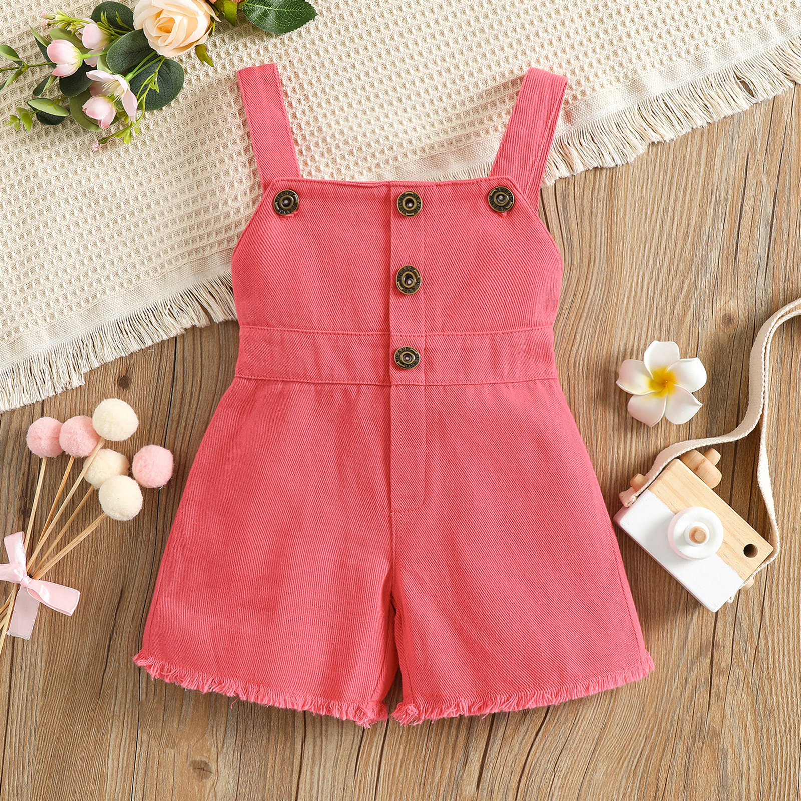 

Baby Girl Button Design Pink Denim Overalls Shorts