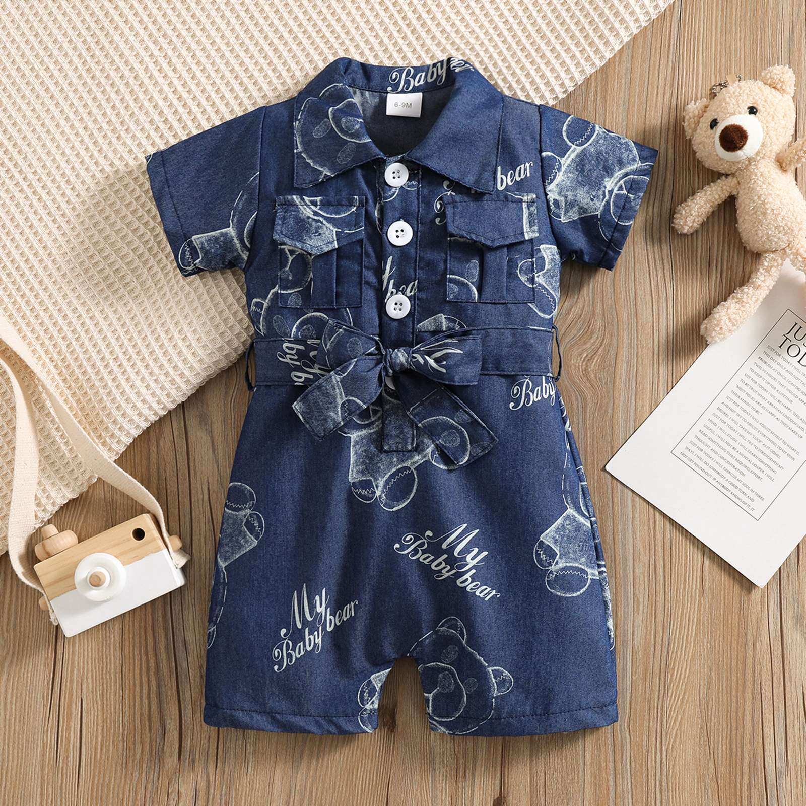 

Baby Boy/Girl Denim Short-sleeve All Over Bear and Letter Print Button Up Belted Romper