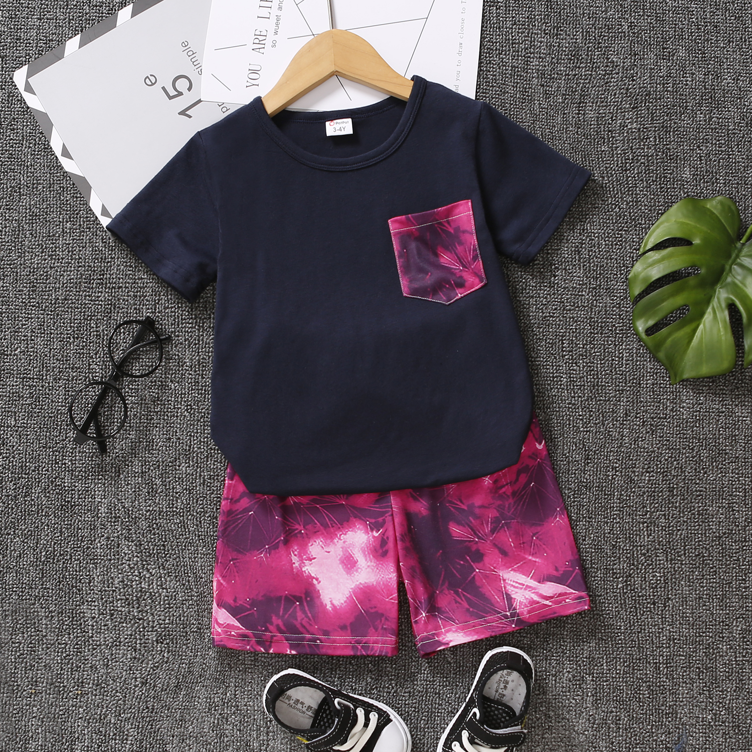 

2pcs Toddler Boy Casual Pocket Design Tee and Tie Dyed Shorts Set