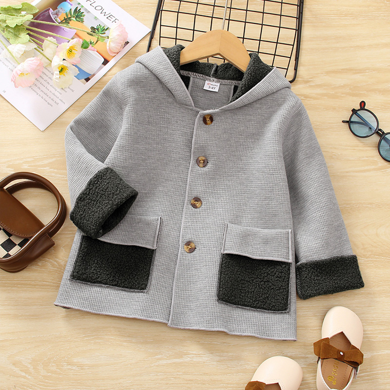 

Toddler Boy Fleece Pocket Design Grey Hooded Jacket Coat