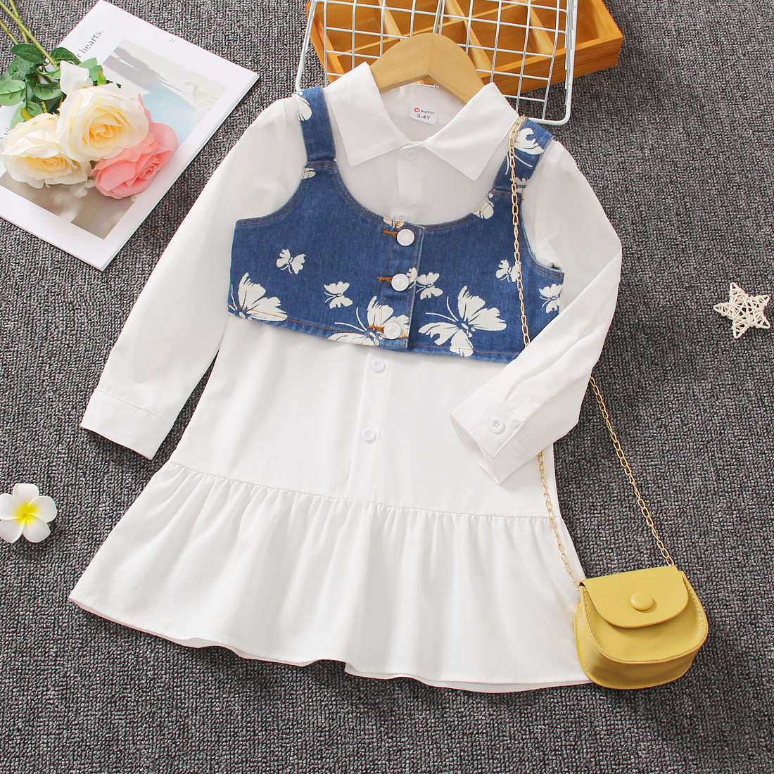 

2pcs Toddler Girl Elegant Butterfly Print Denim Vest and Lapel Collar Button Design Fashionable White Shirt Dress Set
