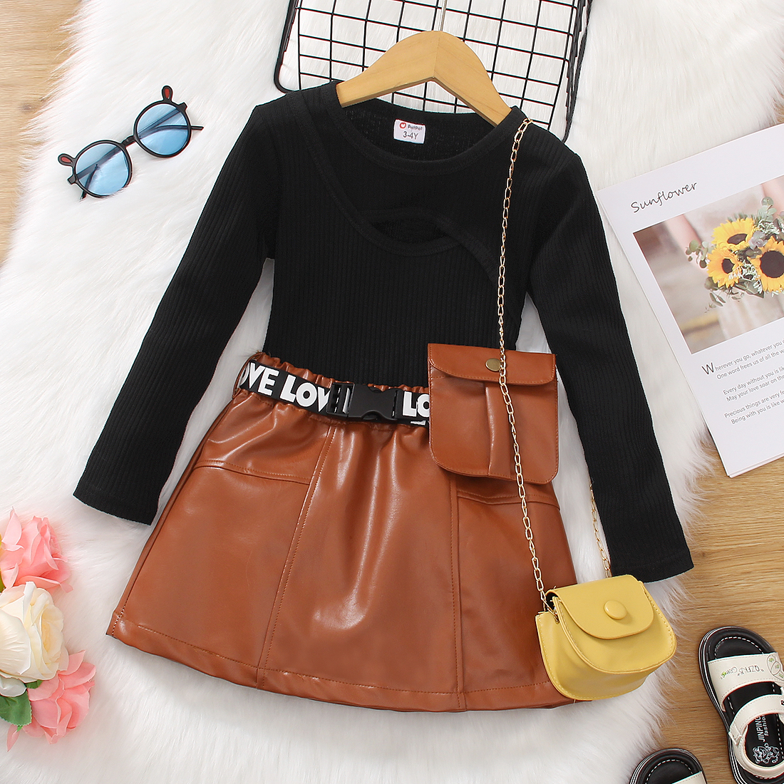 

3pcs Toddler Girl Trendy Waist Bag & Cut Out Tee and PU Belted Skirt Set