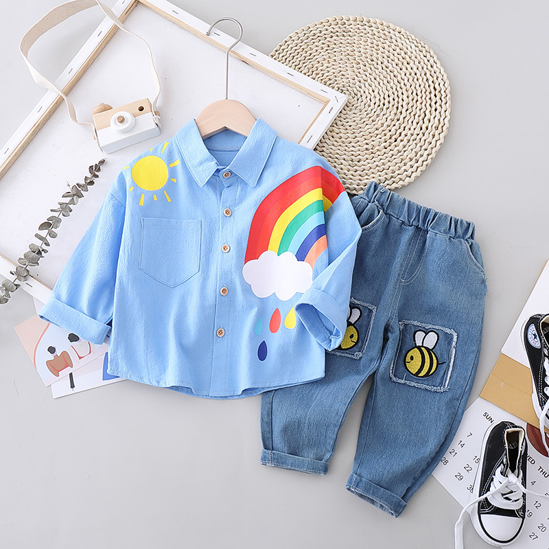 

2-piece Toddler Boy Sun Rainbow Print Button Design Shirt and Bee Embroidered Denim Jeans Set