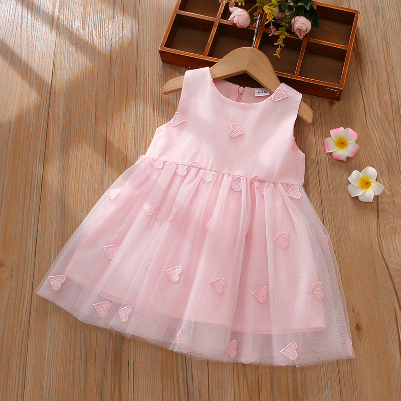 

1pc Baby Girl Sleeveless Heart-shaped Print Mesh Layered Dress