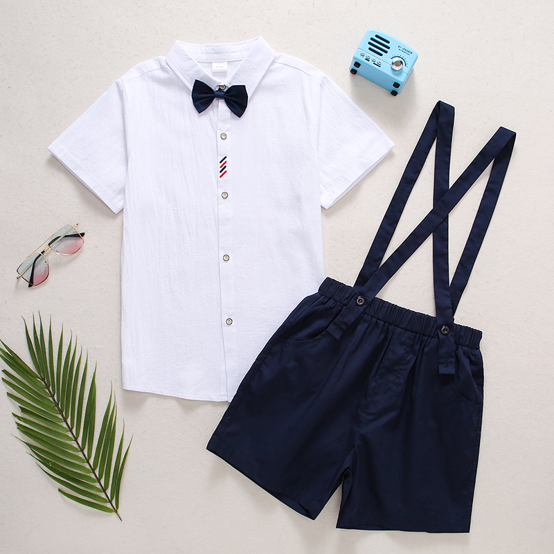 

Kid Boy 100% Cotton Shirt with Bow Tie and Overall Shorts Party Suits Set
