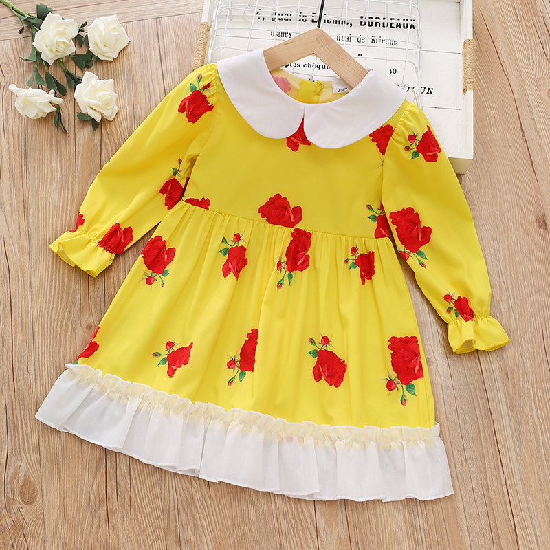 

Toddler Girl Doll Collar Floral Print Ruffle Hem Long-sleeve Dress