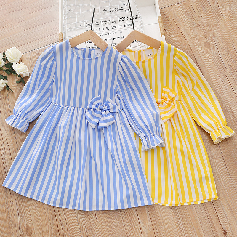 

Toddler Girl Striped Bowknot Decor Zipper Ruffle Long-sleeve Sweet Dress