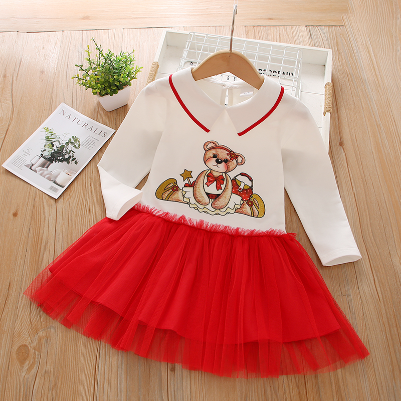 

Toddler Girl Doll Collar Bear Print Mesh Stitching Long-sleeve Dress