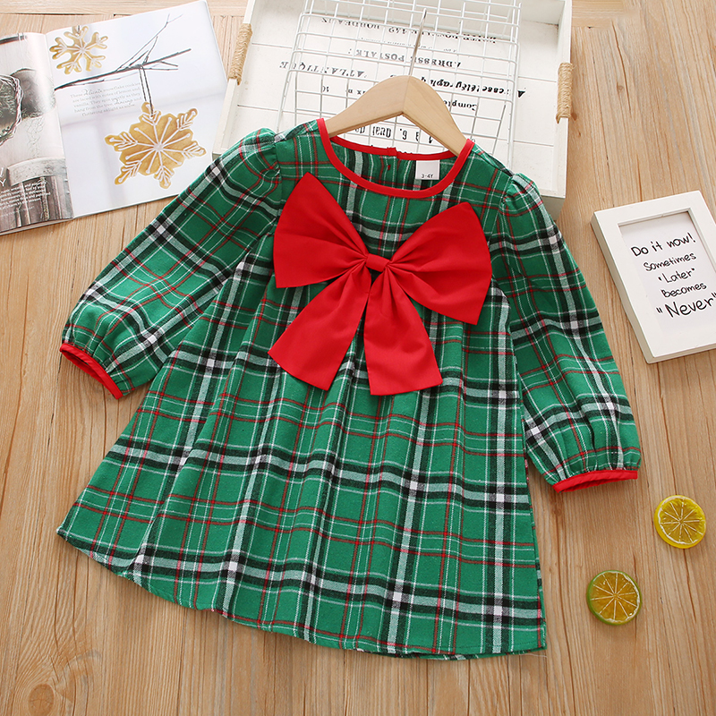

Toddler Girl Christmas Bowknot Design Back Button Plaid Long-sleeve Dress