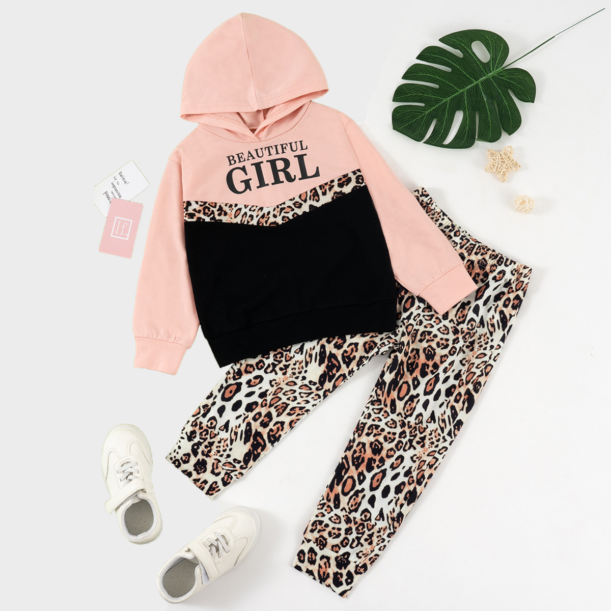

2-piece Toddler Girl Letter Leopard Print Colorblock Hoodie and Pants Set