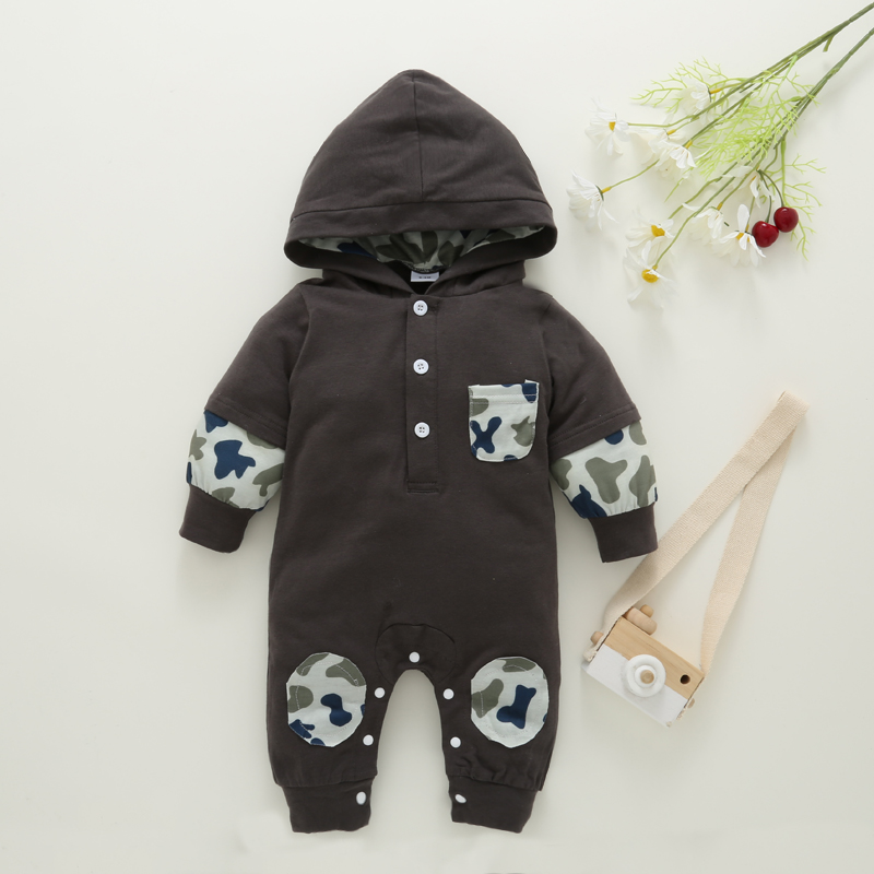 

Camouflage Splicing Dark Grey Cotton Long-sleeve Hooded Baby Jumpsuit