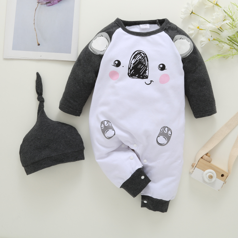 

2pcs Baby Cartoon Animal Print Cotton Raglan Long-sleeve Jumpsuit Set