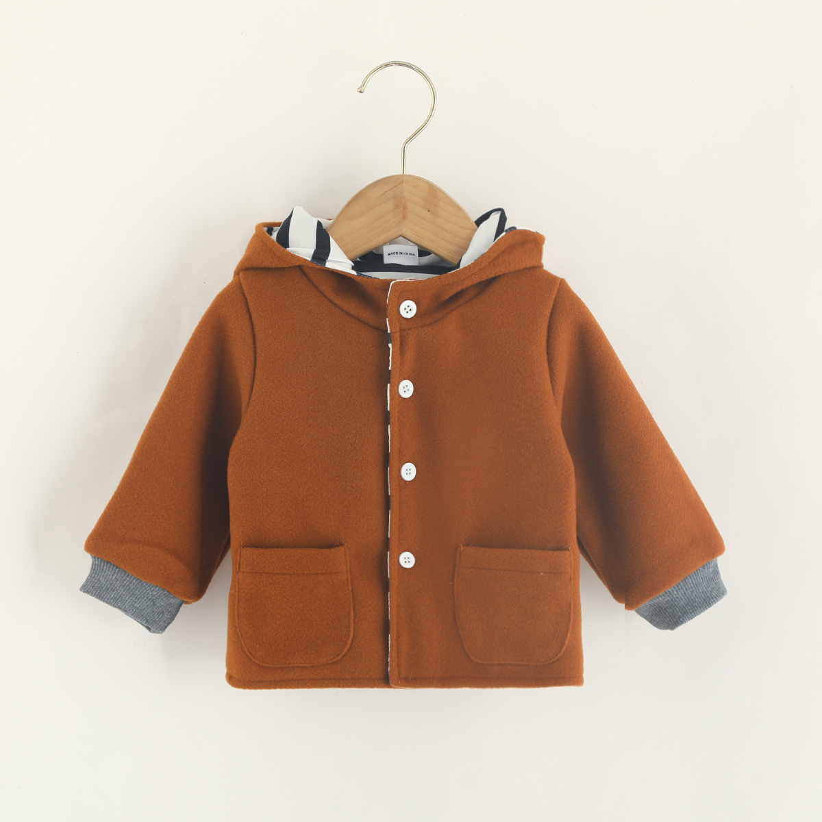 

100% Cotton Baby Boy/Girl Brown Button Down Long-sleeve Hooded Coat
