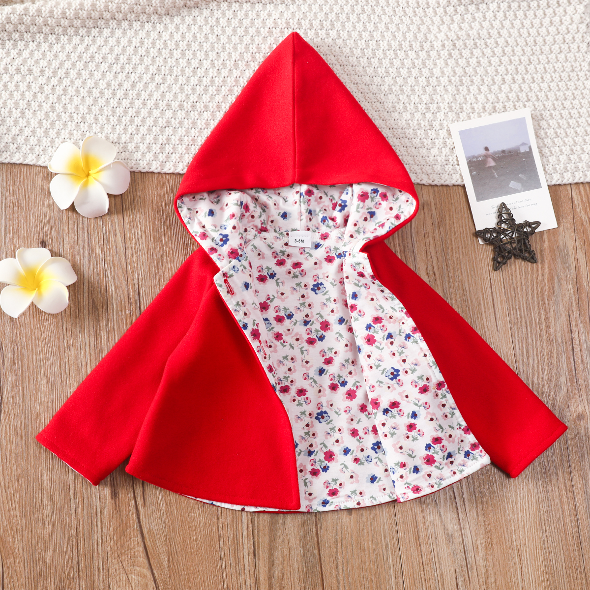 

100% Cotton Baby Girl Red Single Breasted Long-sleeve Hooded Coat