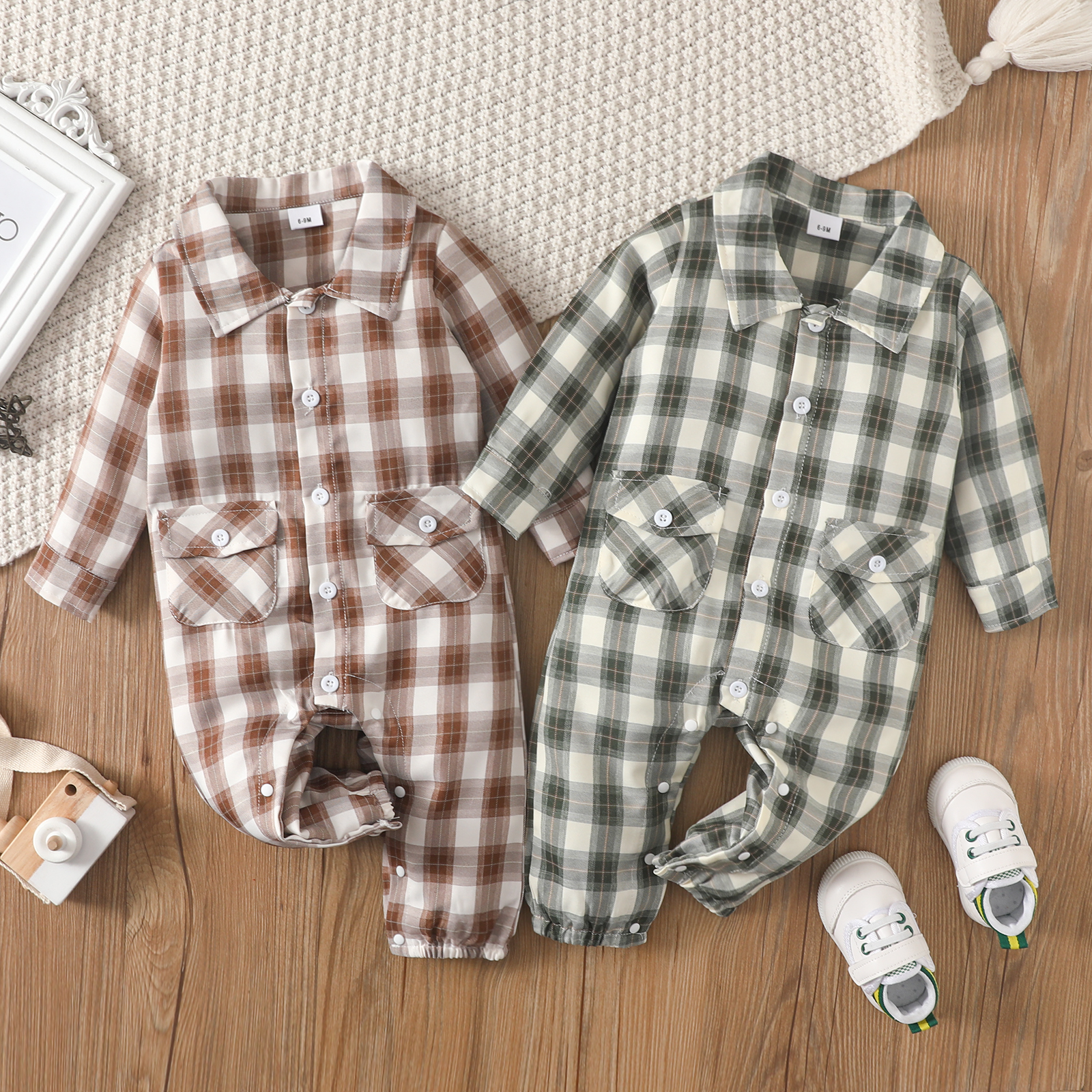 

100% Cotton Baby Boy/Girl Plaid Long-sleeve Button Up Jumpsuit with Pockets