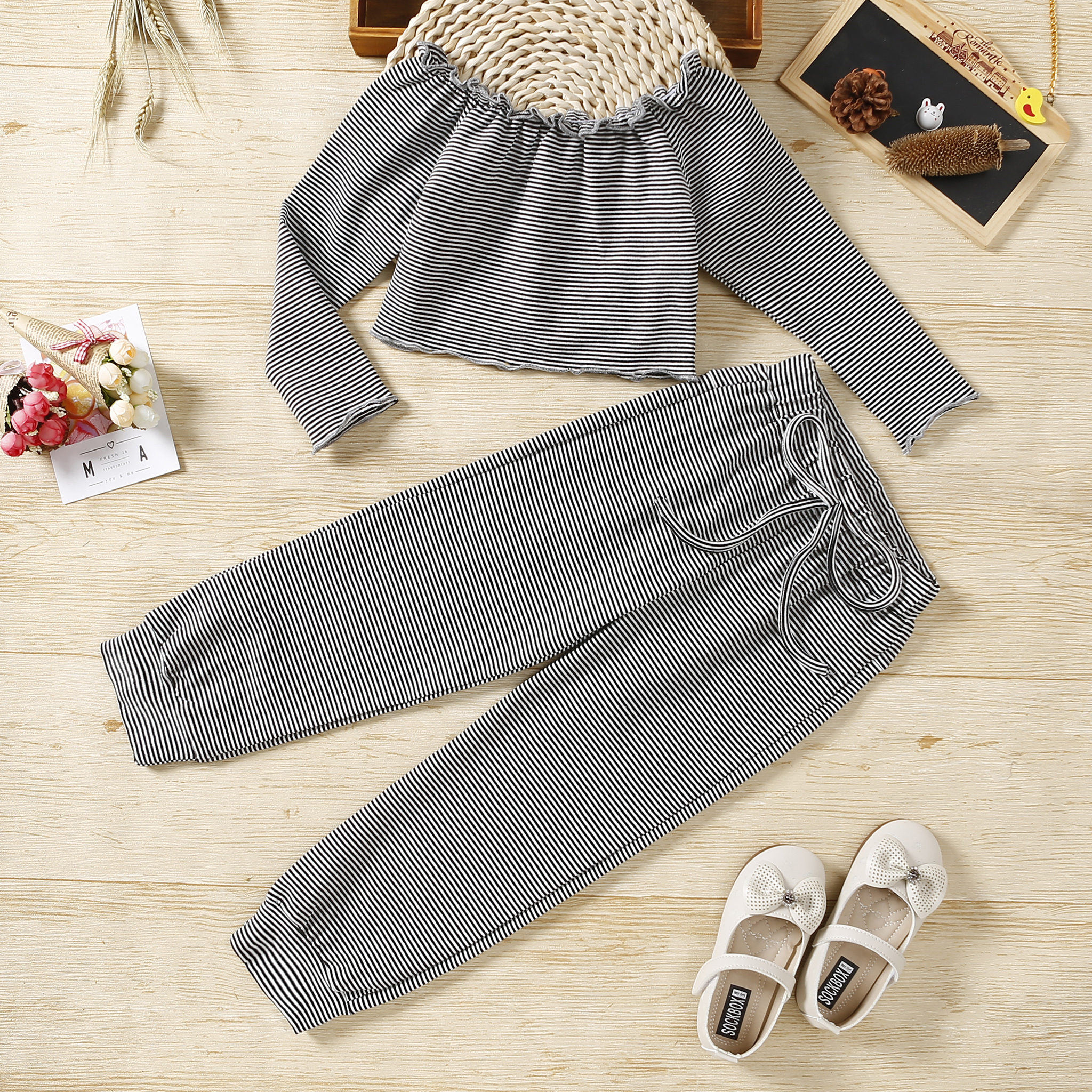

2-piece Toddler Girl Striped Off Shoulder Ruffled Long-sleeve Top and Drawstring Pants Set