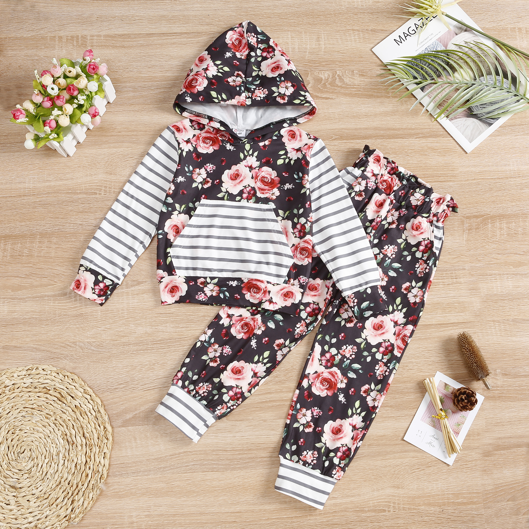 

2-piece Toddler Girl Floral Print Striped Hoodie and Elasticized Pants Set