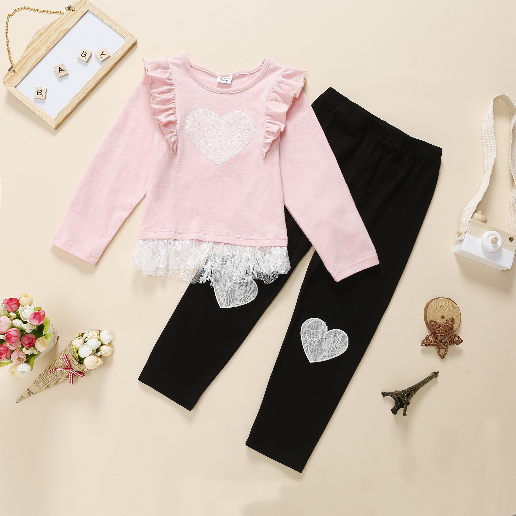 

2-piece Toddler Girl Ruffled Heart Lace Design Long-sleeve Pink Top and Black Pants Set
