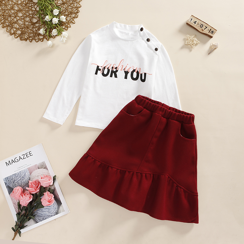

2-piece Kid Girl Letter Print Button Design White Long-sleeve Top and Elasticized A-line Red Skirt Set