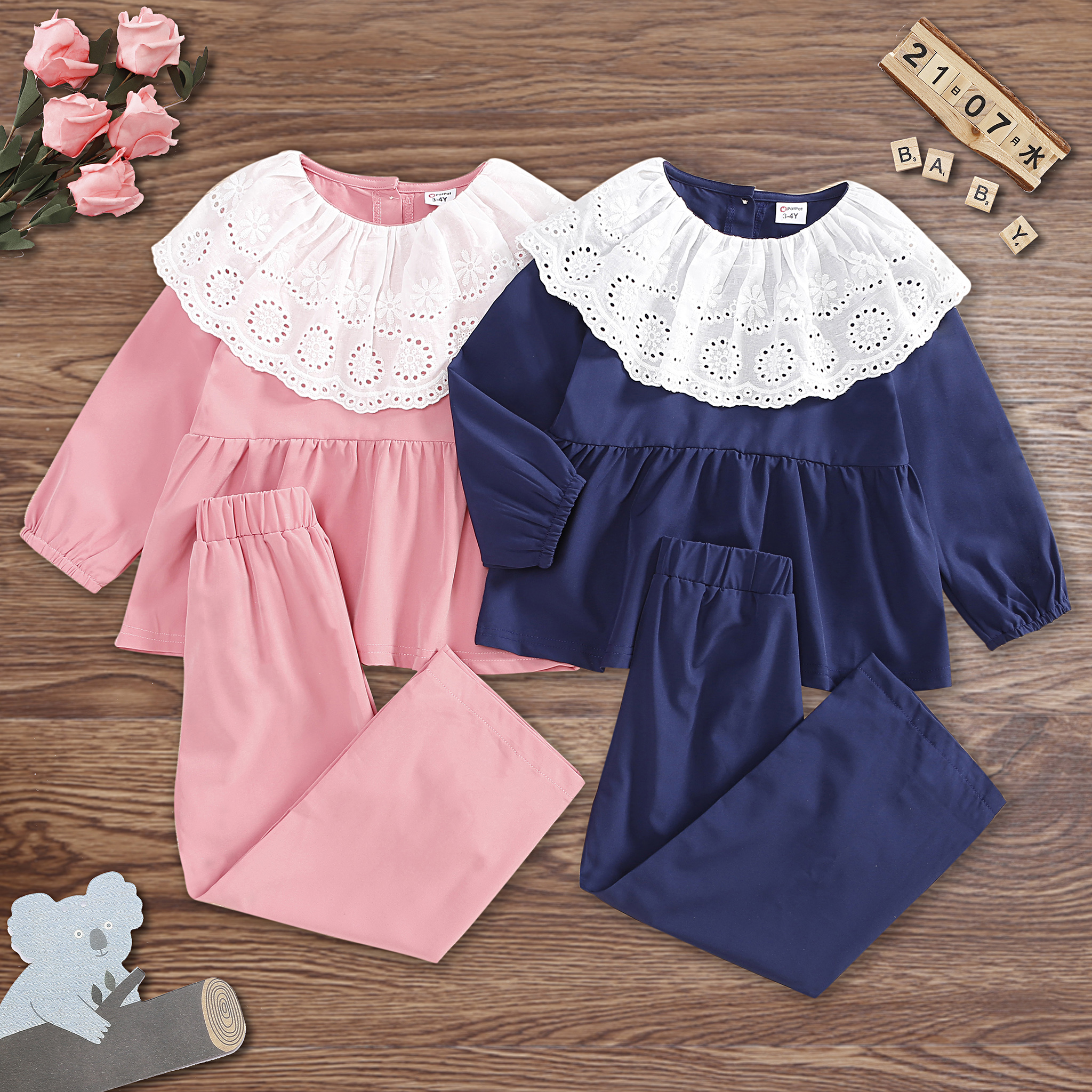 

2-piece Toddler Girl Doll Collar Back Button Design Long-sleeve Top and Solid Pants Casual Set
