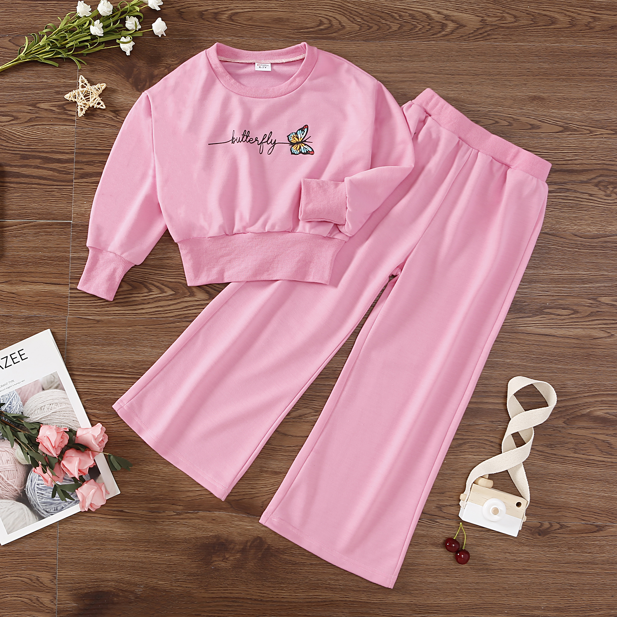 

2-piece Kid Girl Letter Butterfly Print Pink Pullover Straight Pants Set