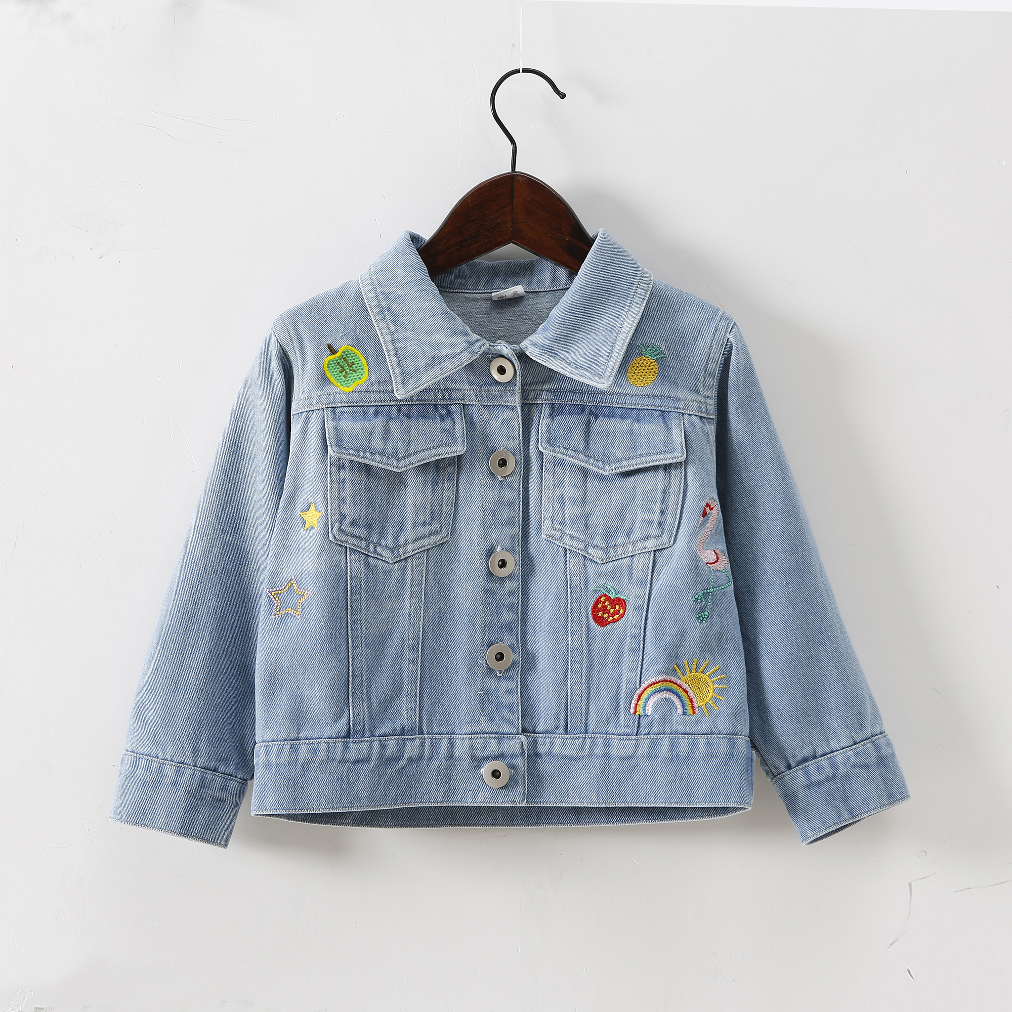 

Kid Girl 100% Cotton Rainbow Flamingo Stars Fruit Embroidery Lapel Collar Button Design Denim Jacket Coat
