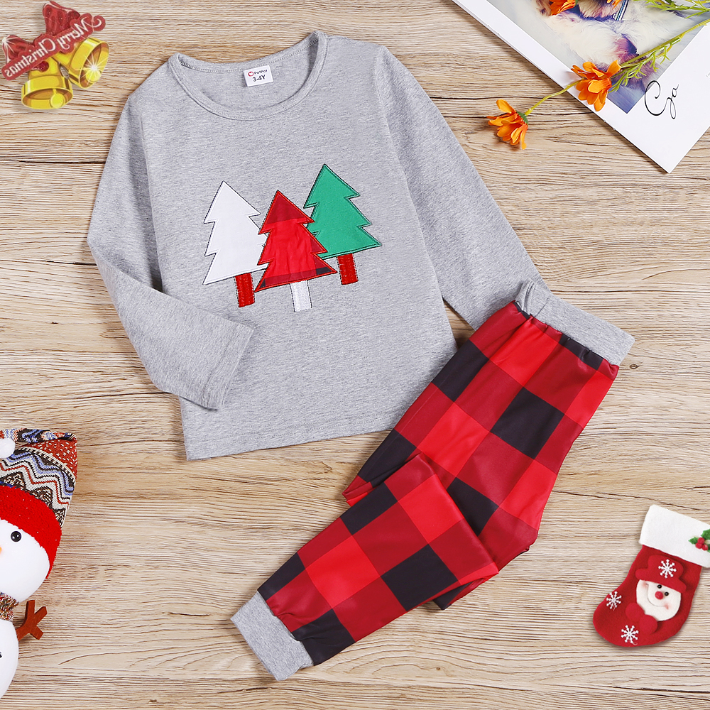 

2-piece Toddler Girl/Boy Christmas Tree Print Pullover and Plaid Pants Set