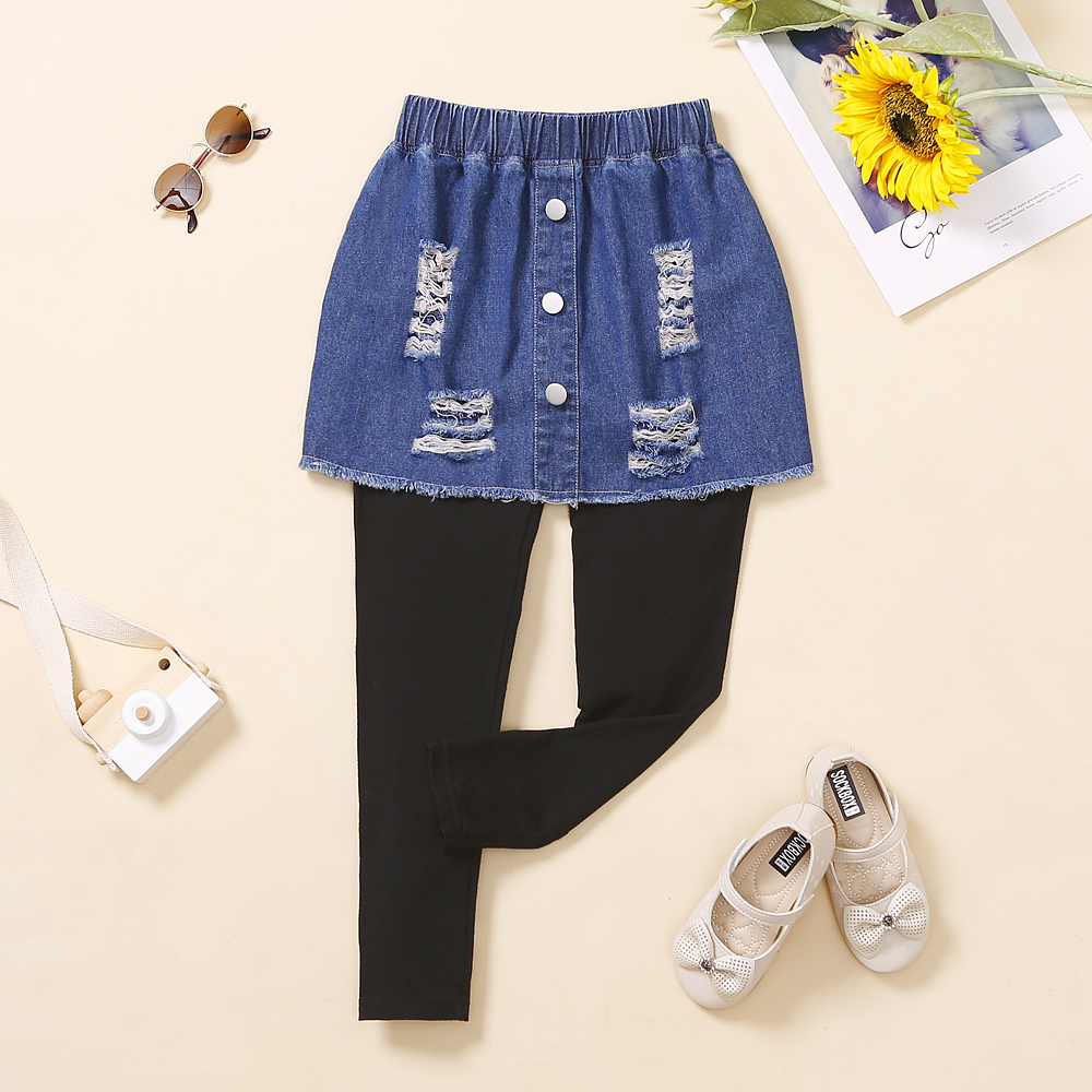 

Kid Girl Ripped Denim Skirt Faux-two Leggings