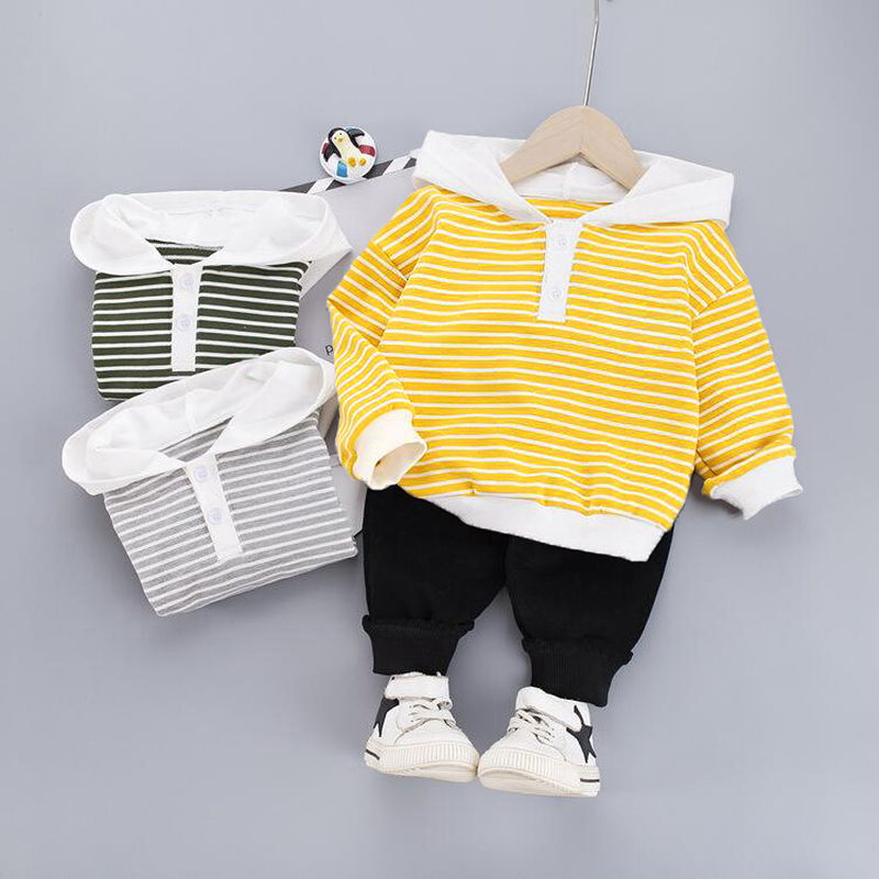 

2-piece Toddler Boy Stripe Button Design Hoodie and Black Pants Set