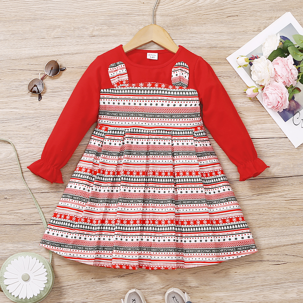 

Toddler Girl Christmas Tree Snowflake Print Stitching Ear Design Ruffle-sleeve Pleated Dress