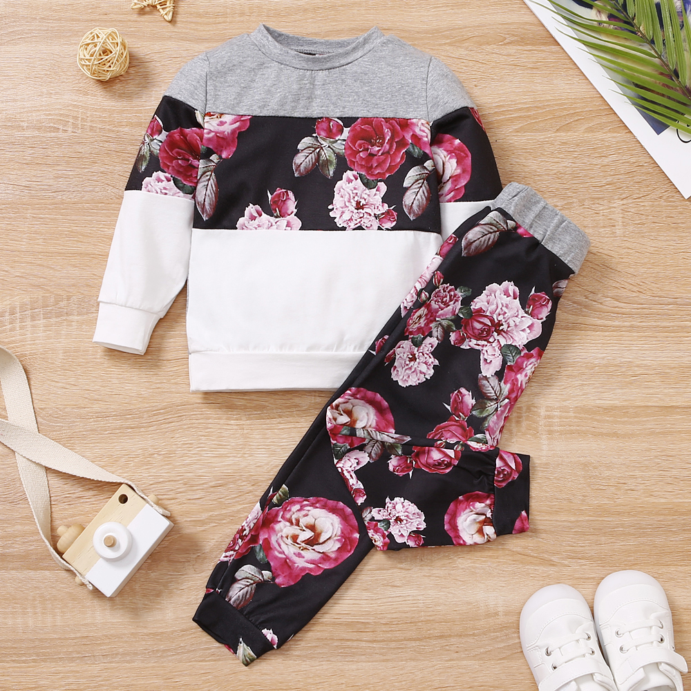 

2-piece Toddler Girl Heart/Floral Print Colorblock Pullover and Pants Set