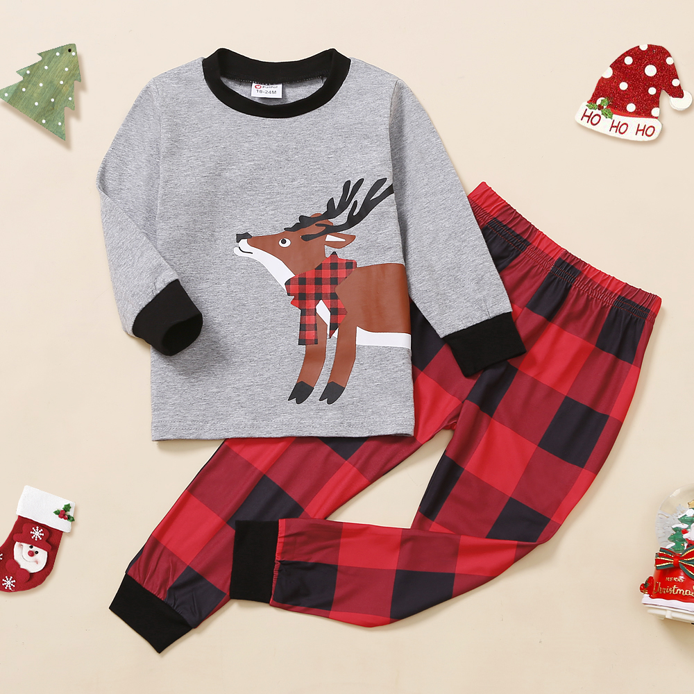 

2-piece Toddler Girl/Boy Christmas Deer Print Pullover and Plaid Pants Set