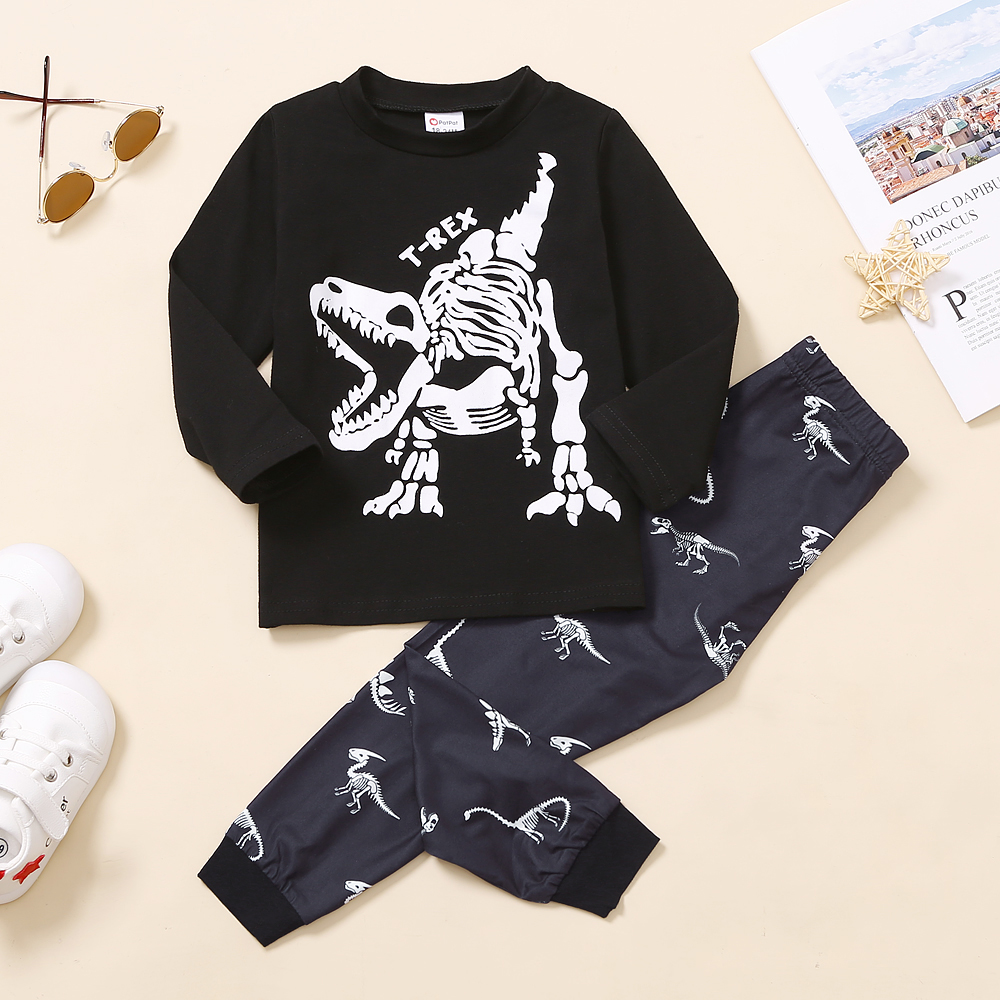 

2-piece Toddler Boy Letter Dinosaur Print Long-sleeve Black Top and Elasticized Pants Set