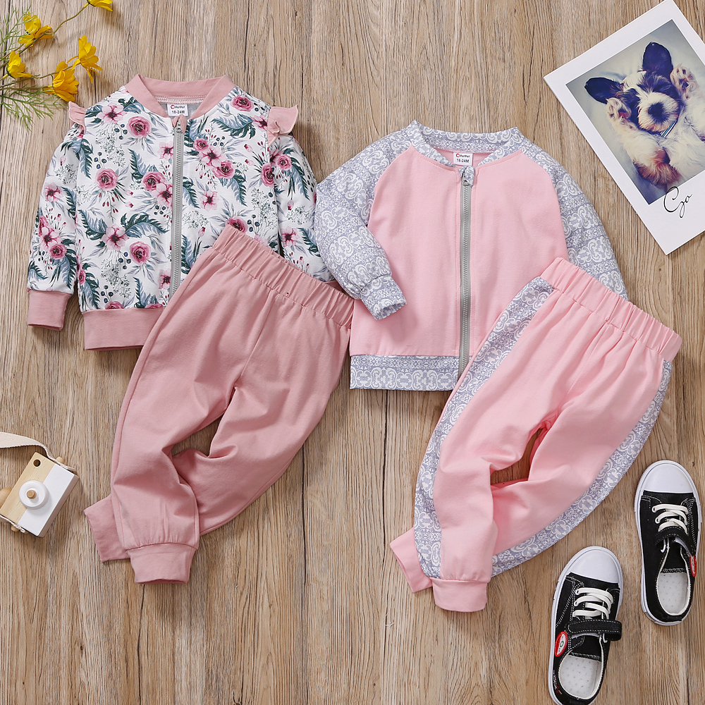 

2-piece Toddler Girl Floral Print Colorblock Zipper Jacket and Pants set