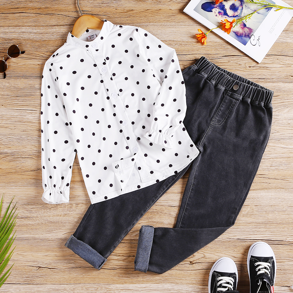 

2-piece Kid Girl Polka dots Button Design Shirt and Grey Denim Jeans Set