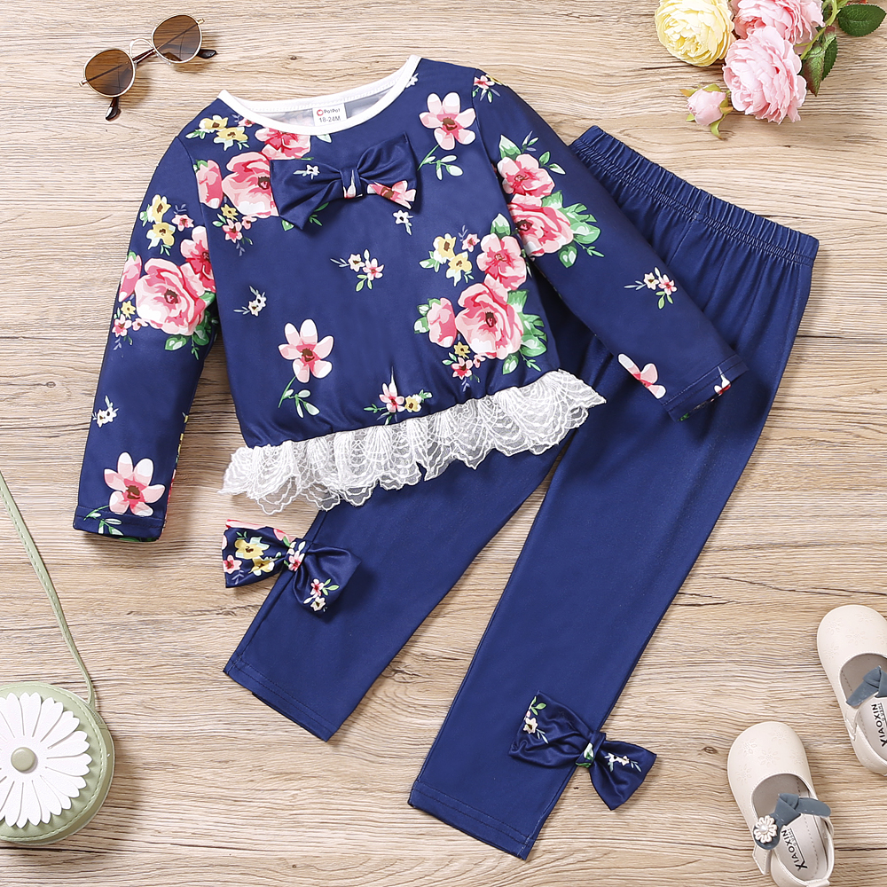 

2-piece Toddler Girl Floral Print Bowknot Design Lace Hem Long-sleeve Top and Pants Set