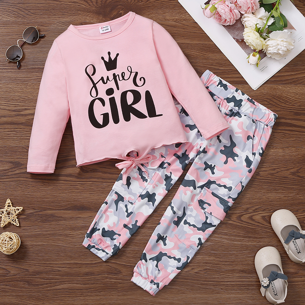 

2-piece Toddler Girl Letter Print Tie Knot Long-sleeve Pink Tee and Camouflage Print Pants Set