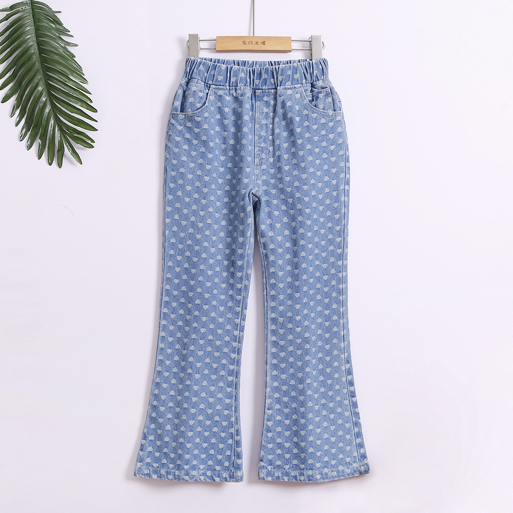 

Kid Girl Heart Print Blue Denim Flared Pants