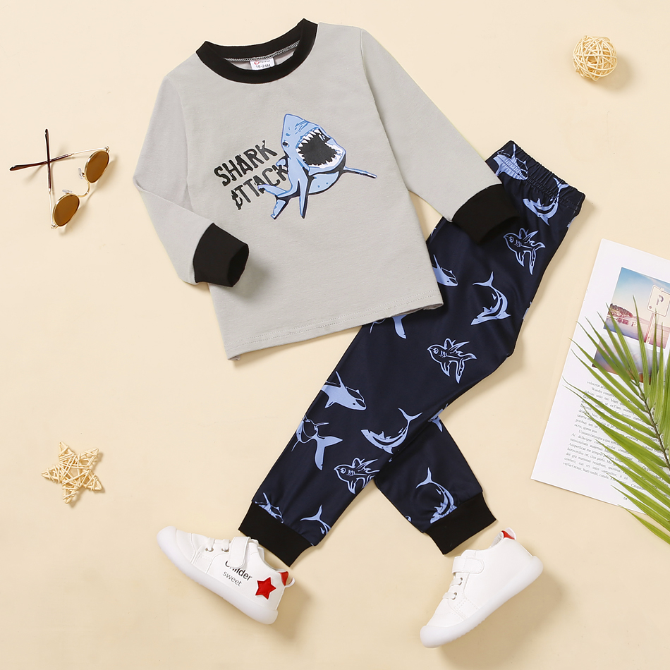 

2-piece Toddler Boy Letter Shark Print Long-sleeve Top and Pants Set