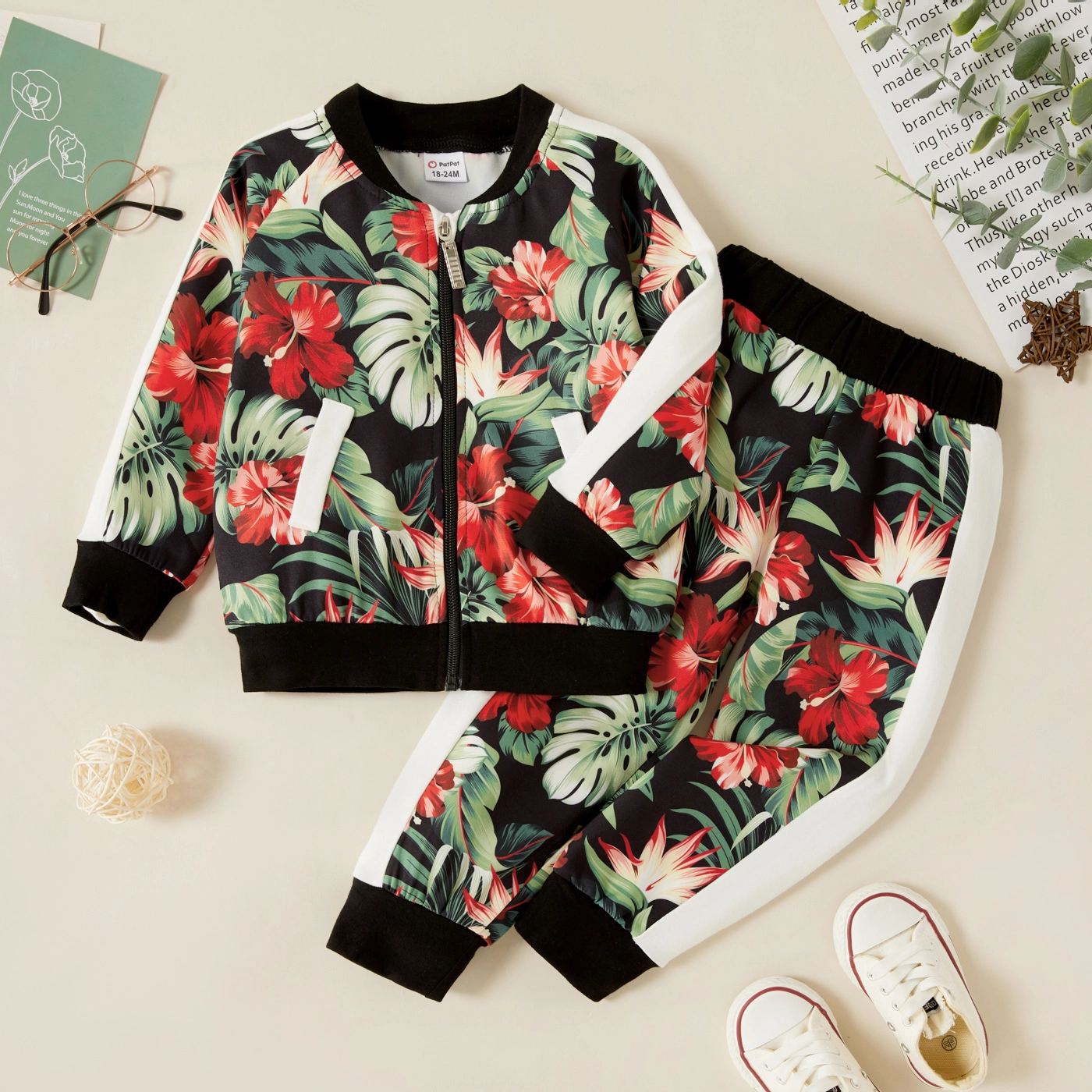 

2-piece Toddler Girl Floral Print Zipper Bomber Jacket and Pants Set